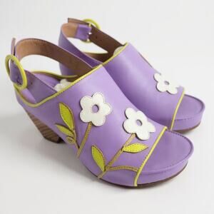 John Fluevog Christy Low Rules Floral Slingback Purple Green Sandal 6.5 w/Box